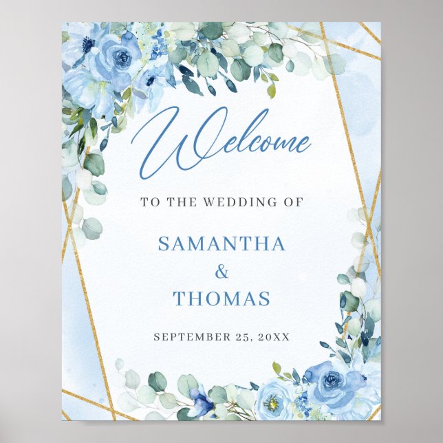 Boho blue floral eucalyptus gold wedding welcome poster (Front)