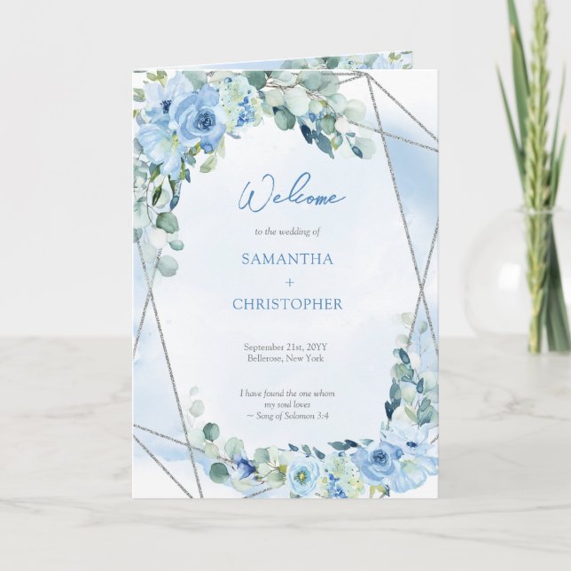 Boho blue floral eucalyptus silver glitter program programme (Front)