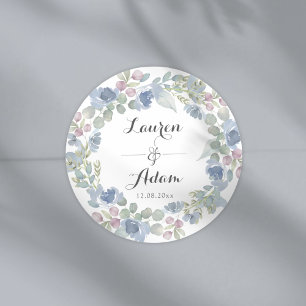 Boho Blue Floral & Eucalyptus Wreath Wedding Classic Round Sticker