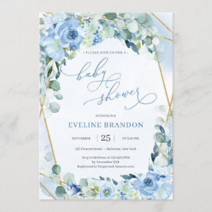 Boho Blue Floral Gold Geometric Boy Baby Shower Invitation