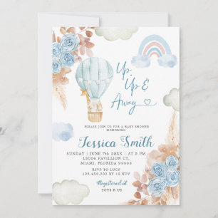 Boho Blue Floral Hot Air Balloon Baby Shower Invitation