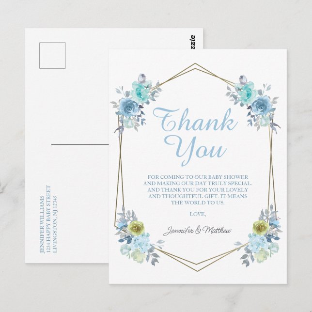 Boho Blue Floral It's a Boy Baby Shower Thank You Postcard (Front/Back)