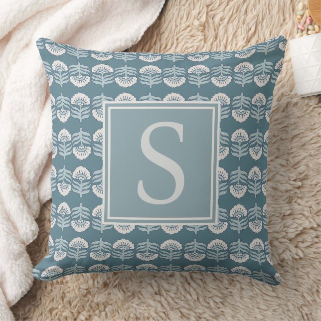 Boho Blue Floral Monogram Cushion (Blanket)