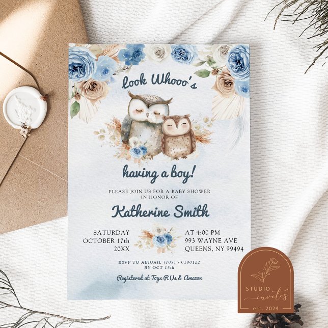 Boho Blue Floral Owl Baby Shower Invitation (Creator Uploaded)