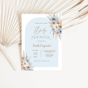 Boho Blue Floral Pampas Grass Baby Shower Boy Invitation