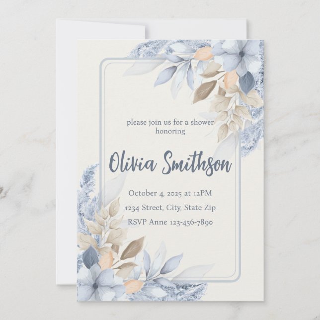 Boho Blue Floral Pampas Grass Invitation (Front)