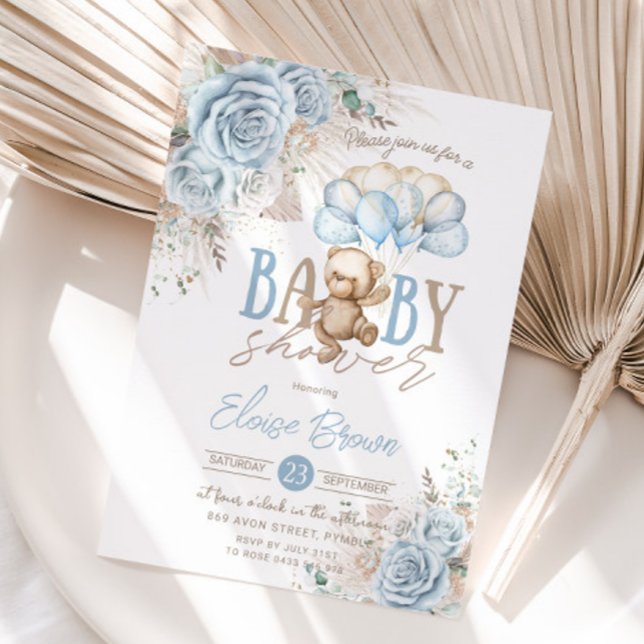 Boho Blue Floral Pampas Teddy Bear Boy Baby Shower Invitation (Creator Uploaded)