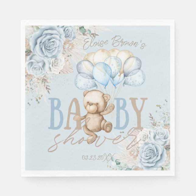 Boho Blue Floral Pampas Teddy Bear Boy Baby Shower Napkin (Front)