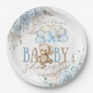 Boho Blue Floral Pampas Teddy Bear Boy Baby Shower Paper Plate