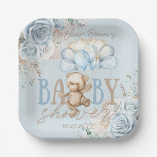 Boho Blue Floral Pampas Teddy Bear Boy Baby Shower Paper Plate