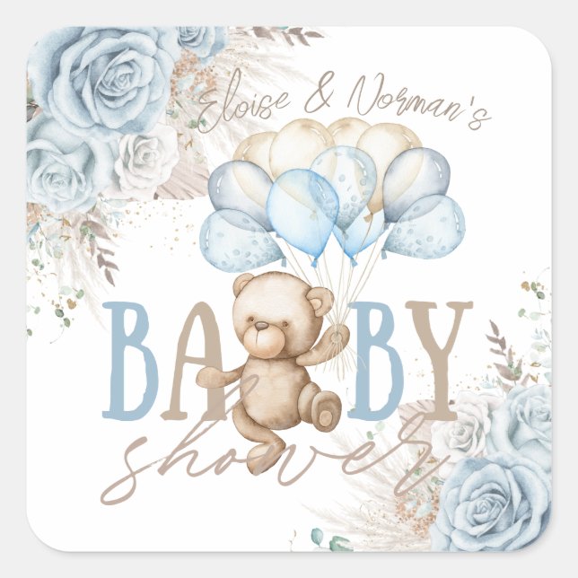 Boho Blue Floral Pampas Teddy Bear Boy Baby Shower Square Sticker (Front)