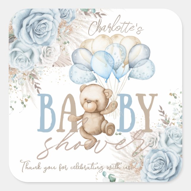 Boho Blue Floral Pampas Teddy Bear Boy Baby Shower Square Sticker (Front)