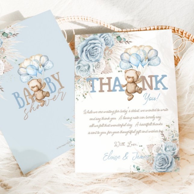 Boho Blue Floral Pampas Teddy Bear Boy Baby Shower Thank You Card (Creator Uploaded)