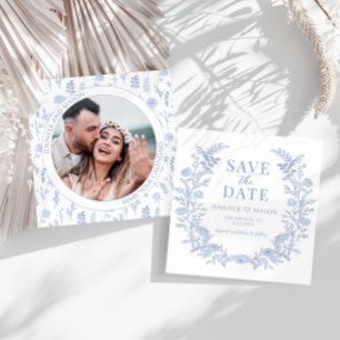Boho blue floral Save the Date photo invitation