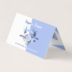 Boho Blue Floral Seamstress Sewing Machine Folded Business Card