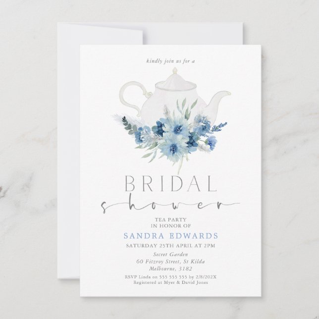 Boho Blue Floral Tea Party Bridal Shower Invitation (Front)