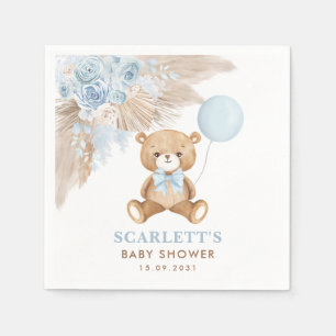 Boho Blue Floral Teddy Bear Baby Boy Shower Napkin