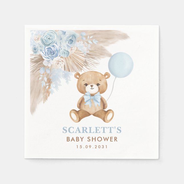 Boho Blue Floral Teddy Bear Baby Boy Shower Napkin (Front)