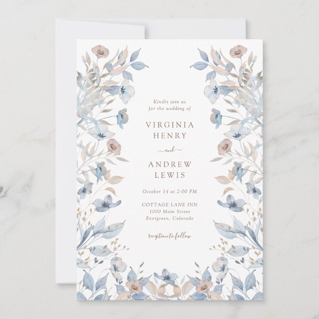 Boho Blue Floral Wedding Invitation (Front)