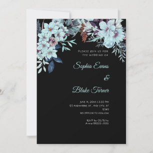 Boho Blue Floral Winter Black Wedding Invitation