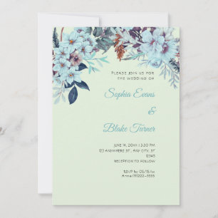 Boho Blue Floral Winter Light Green Wedding Invitation