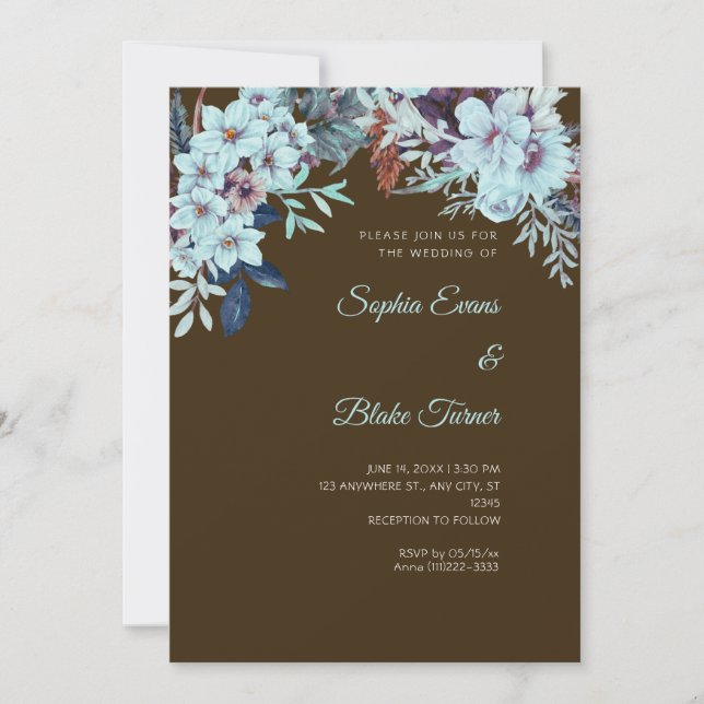 Boho Blue Floral Winter Mocha Brown Wedding Invitation (Front)
