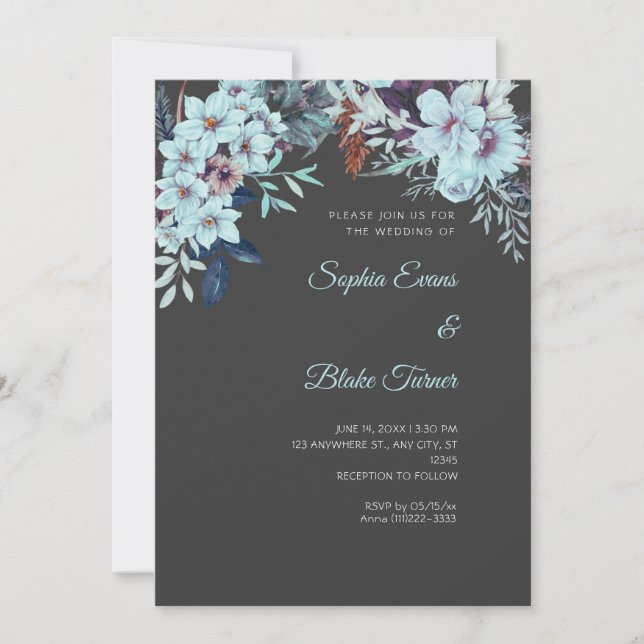 Boho Blue Floral Winter Shadow Grey Wedding Invitation (Front)