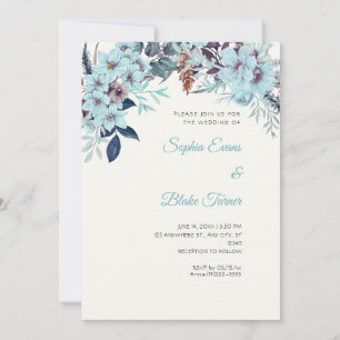 Boho Blue Floral Winter White Cream Wedding Invitation