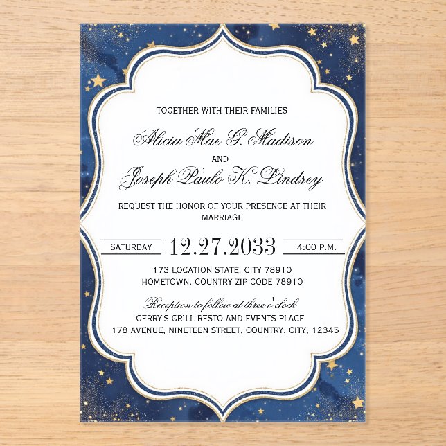 Boho Blue Florals Elegant Wedding Invitation (Front)