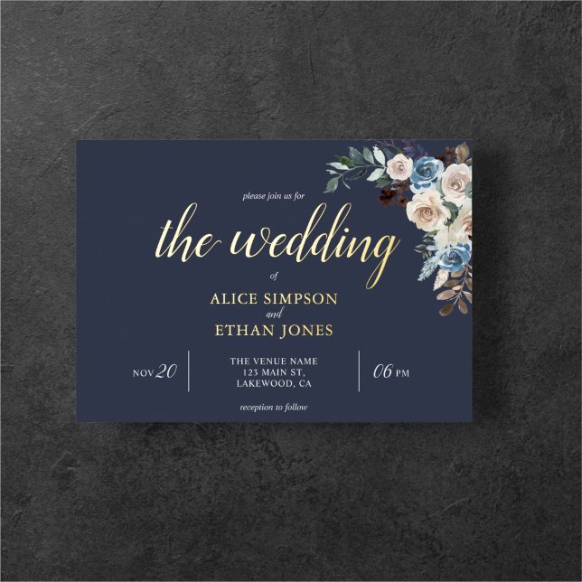 Boho Blue Flowers Dried Leaves Wedding Foil Invita (Creator Uploaded)
