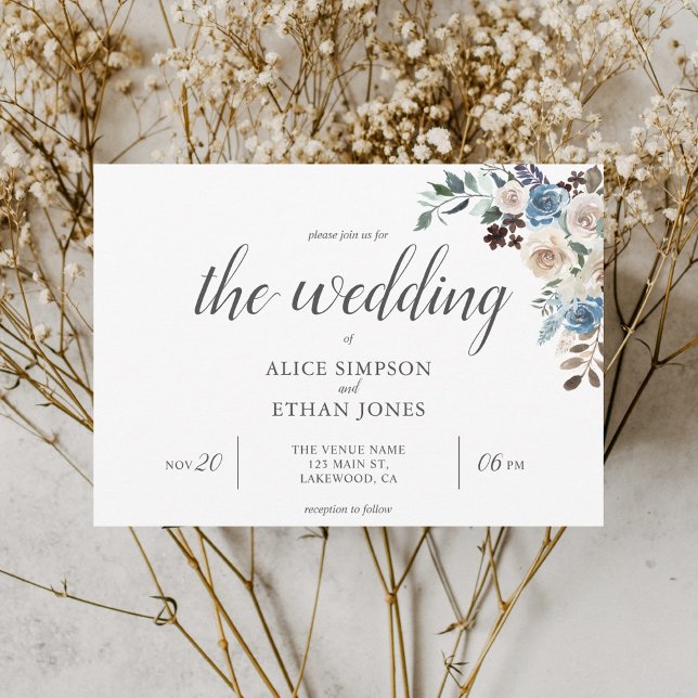 Boho Blue Flowers Dried Leaves Wedding Invitation (Creator Uploaded)