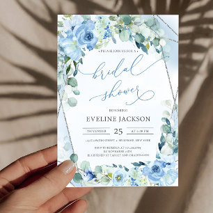Boho blue flowers eucalyptus silver Bridal Shower Invitation