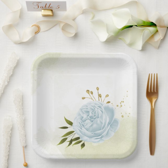 Boho blue flowers green leaves botanical paper plate (Wedding)