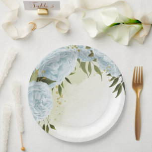 Boho blue flowers green leaves botanical paper plate