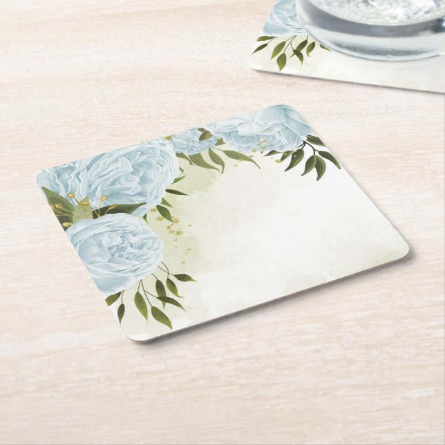 Boho blue flowers green leaves botanical square paper coaster (Angled)