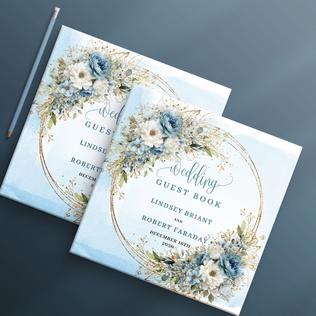 Boho Blue Flowers Greenery Gold Guest Book (Boho Blue Flowers Greenery Gold Guest Book)
