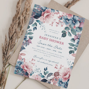 Boho Blue Garden Floral Baby Shower Save Date Invitation