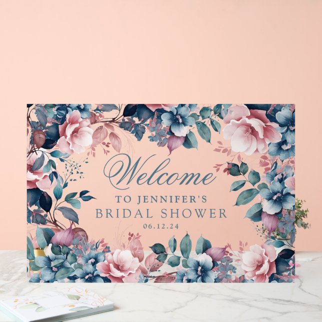 Boho Blue Garden Floral Bridal Shower Welcome  Acrylic Sign (Wedding)