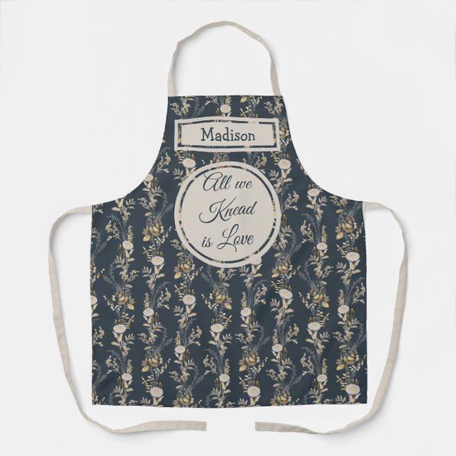Boho Blue Gold Botanical Floral Apron (Front)