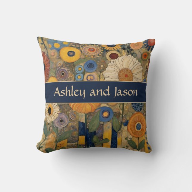 Boho Blue Gold Custom Couple Names Wedding Cushion (Front)