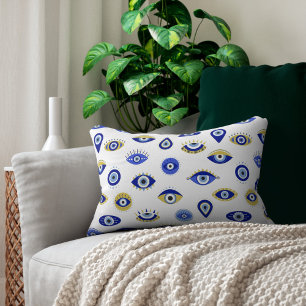 Boho Blue Gold Evil Eyes Decorative Cushion