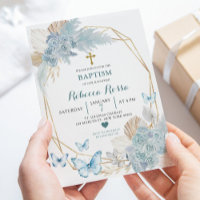 Boho Blue Gold Floral Butterfly Geometric Baptism