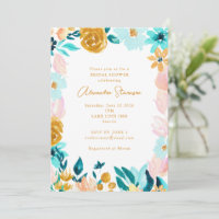Boho Blue Gold Floral Frame Border Bridal Shower