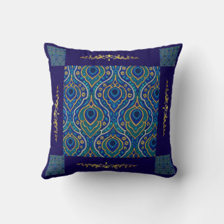 Boho Blue & Gold Throw Pillow – Art by Mina
