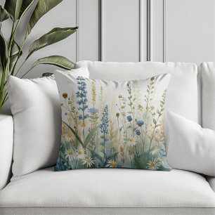 Boho Blue Green Gold Wildflower Garden Print Cushion