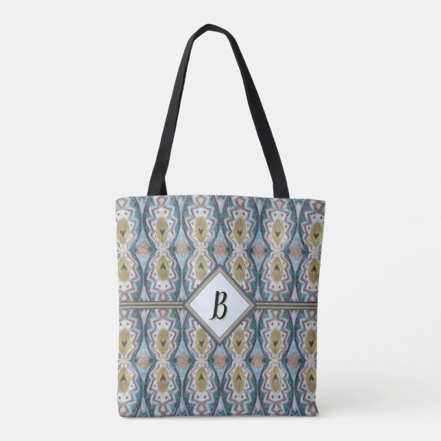 Boho Blue, Green & Tan Tribal Inspired Tote Bag (Back)