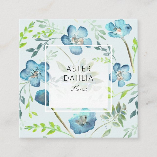 Boho Blue Green Watercolor Painted Flowers Square Business Card (Front)