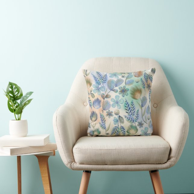 Boho Blue Green Whimsical Floral Botanical Cushion (Chair)