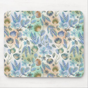 Boho Blue Green Whimsical Floral Botanical   Mouse Mat