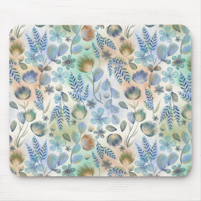 Boho Blue Green Whimsical Floral Botanical   Mouse Mat (Front)